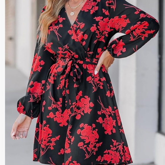 Cupshe Dresses & Skirts - Cupshe Red and Black Wrap Sundress with Bishop Sleeves